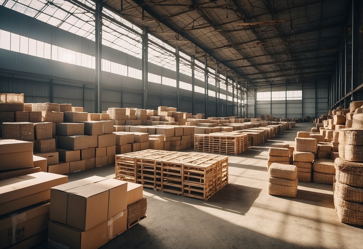 A warehouse filled with rows of wholesale outdoor furniture under the bright sunlight