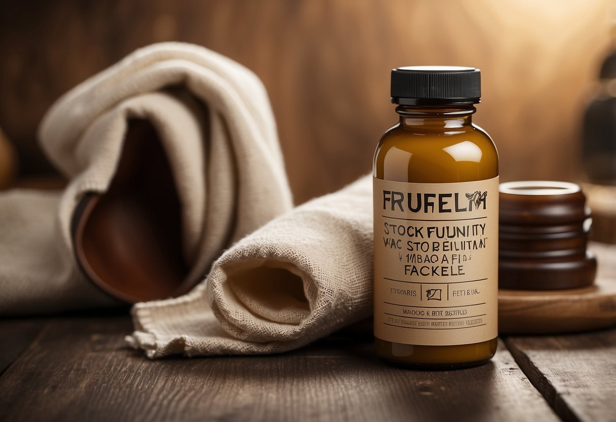 A bottle of wood furniture wax polish sits on a table, with a soft cloth nearby. The label reads "Frequently Asked Questions" in bold lettering