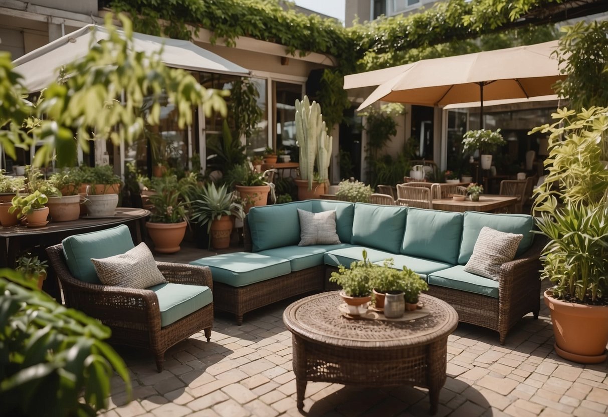 A sunny outdoor patio with a variety of furniture sets on display at a local store, surrounded by lush greenery and potted plants