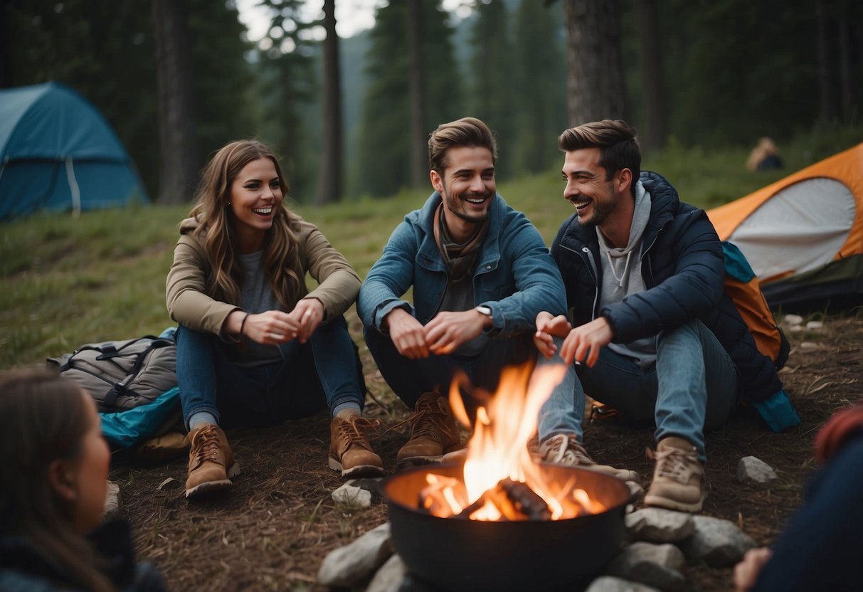 Campfire with roasting marshmallows, surrounded by tents and outdoor games like frisbee and hiking gear. A group of friends laughing and enjoying the outdoors