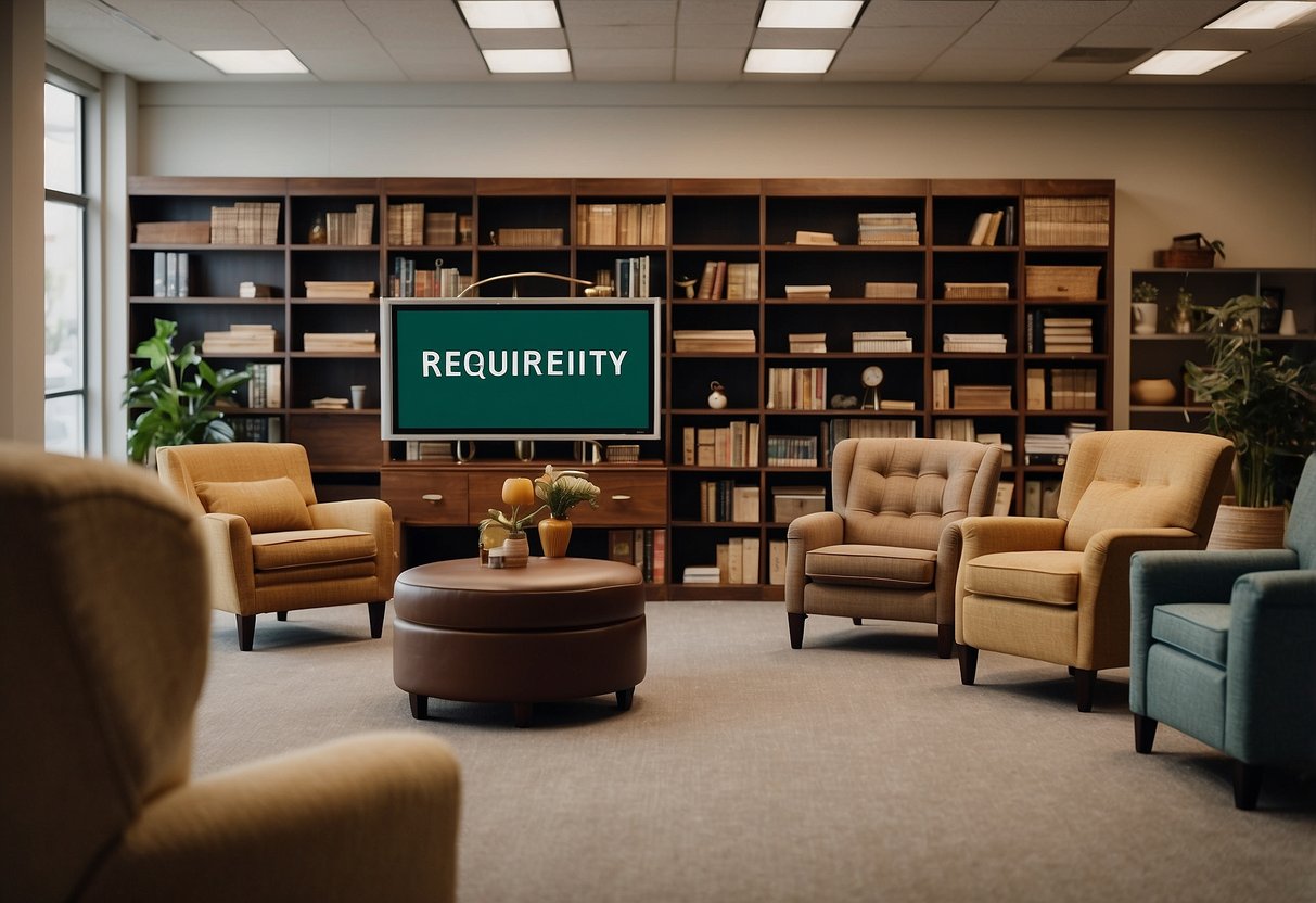 A stack of loose furniture items, including chairs, tables, and shelves, with a sign reading "Frequently Asked Questions" displayed prominently