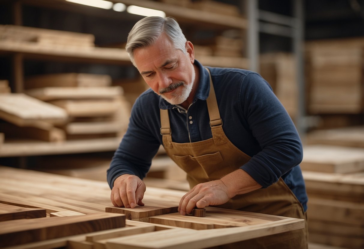 A carpenter carefully selects oak, maple, and walnut from a variety of wood samples, considering their strength, grain, and color for furniture making