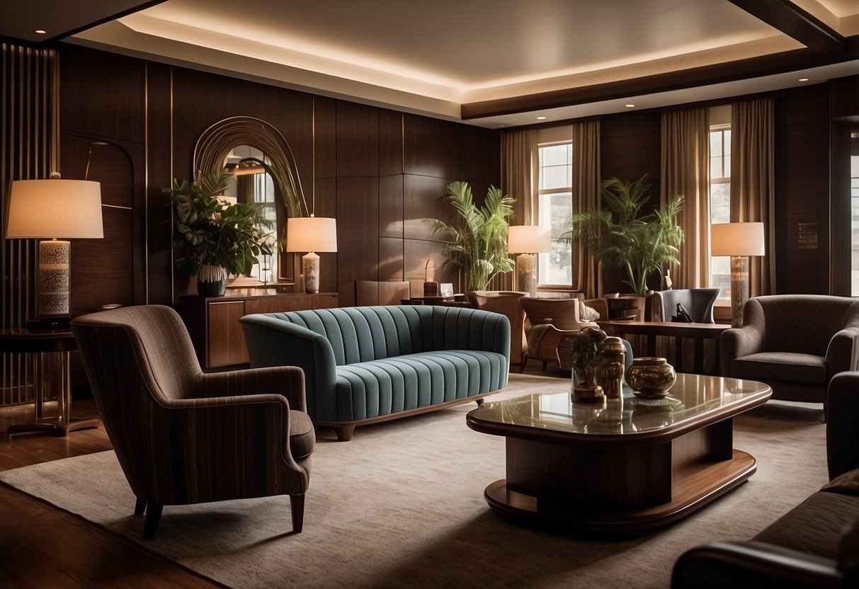 A room filled with 1930s furniture: curved lines, geometric shapes, rich wood tones, and luxurious fabrics. Art deco details and streamlined designs create a sophisticated and elegant atmosphere
