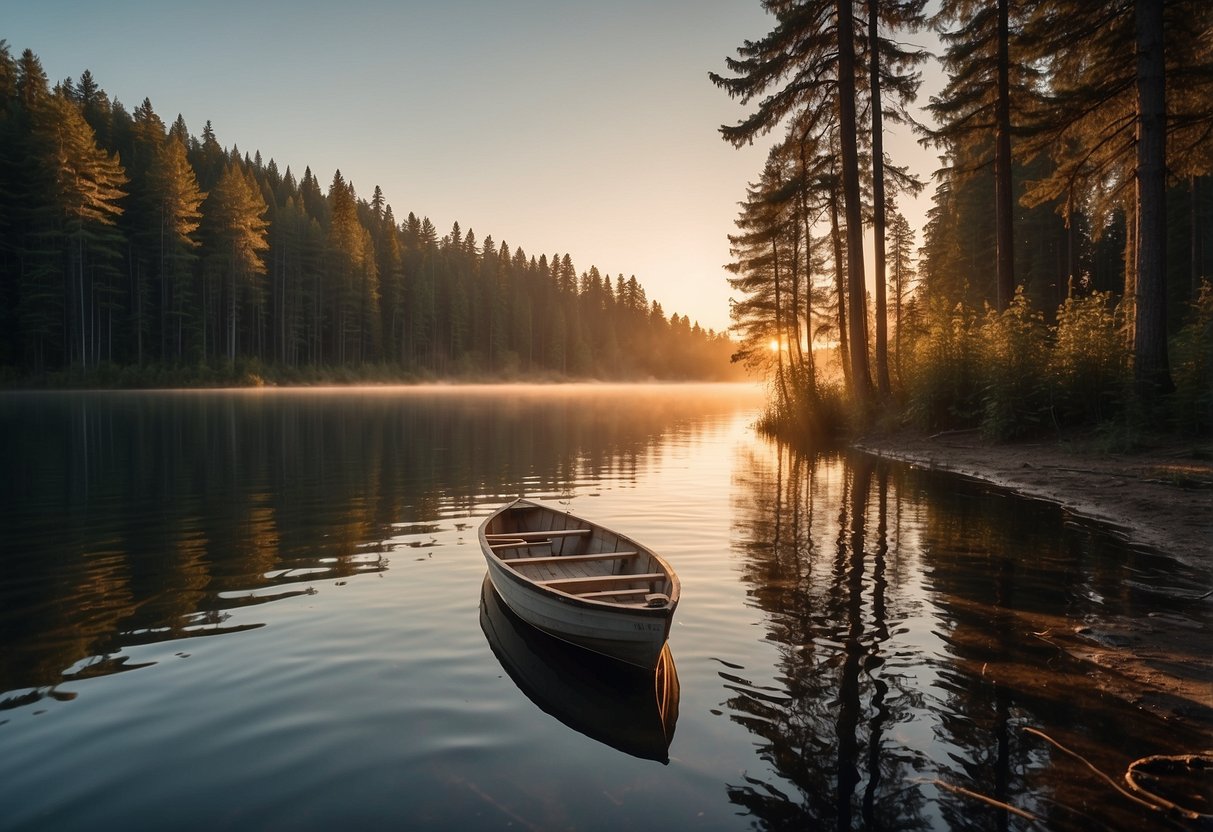 A calm lake surrounded by tall trees, with a fishing rod casting a line into the water. A small boat floats nearby, and the sun sets in the distance