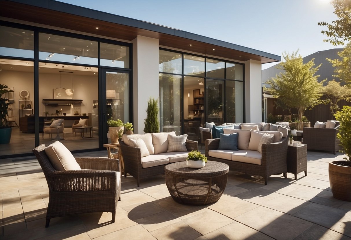 A spacious outdoor showroom with various furniture displays. Bright sunlight illuminates the area, casting shadows on the pieces. A sales representative assists a couple in choosing a patio set