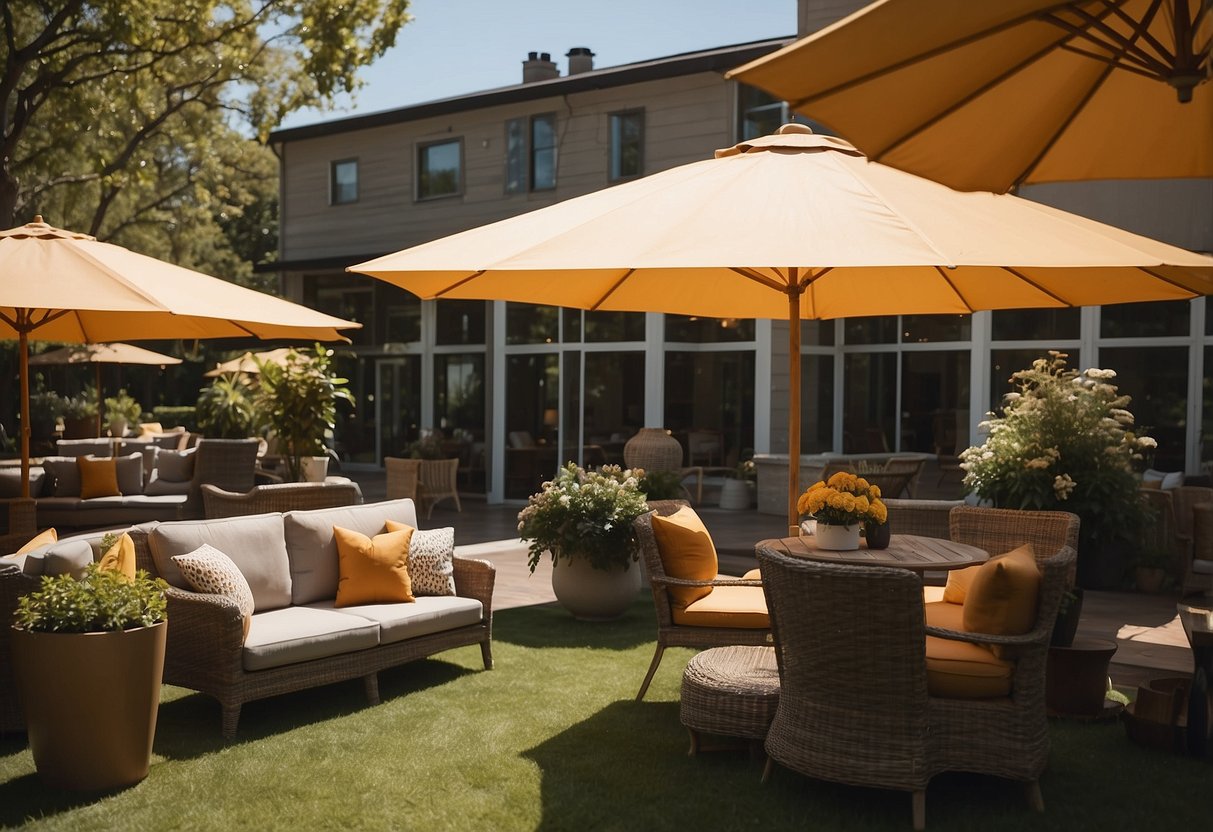 A sunny patio with a variety of furniture options displayed in a spacious outdoor showroom. Brightly colored umbrellas provide shade, and a friendly salesperson assists a couple in making their selection