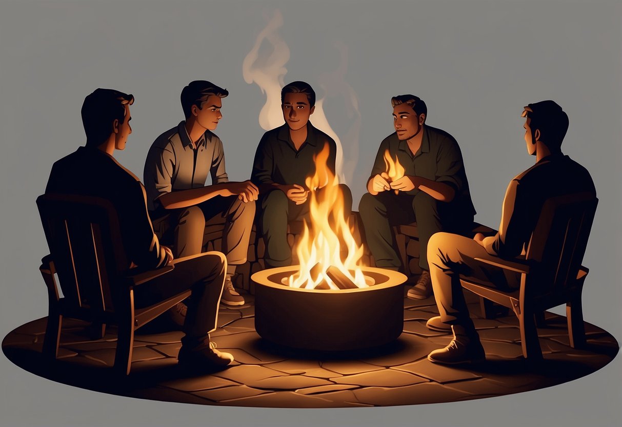 A group sits around a crackling campfire, captivated by a storyteller's animated gestures. The flickering flames cast dancing shadows on their faces, adding to the eerie atmosphere