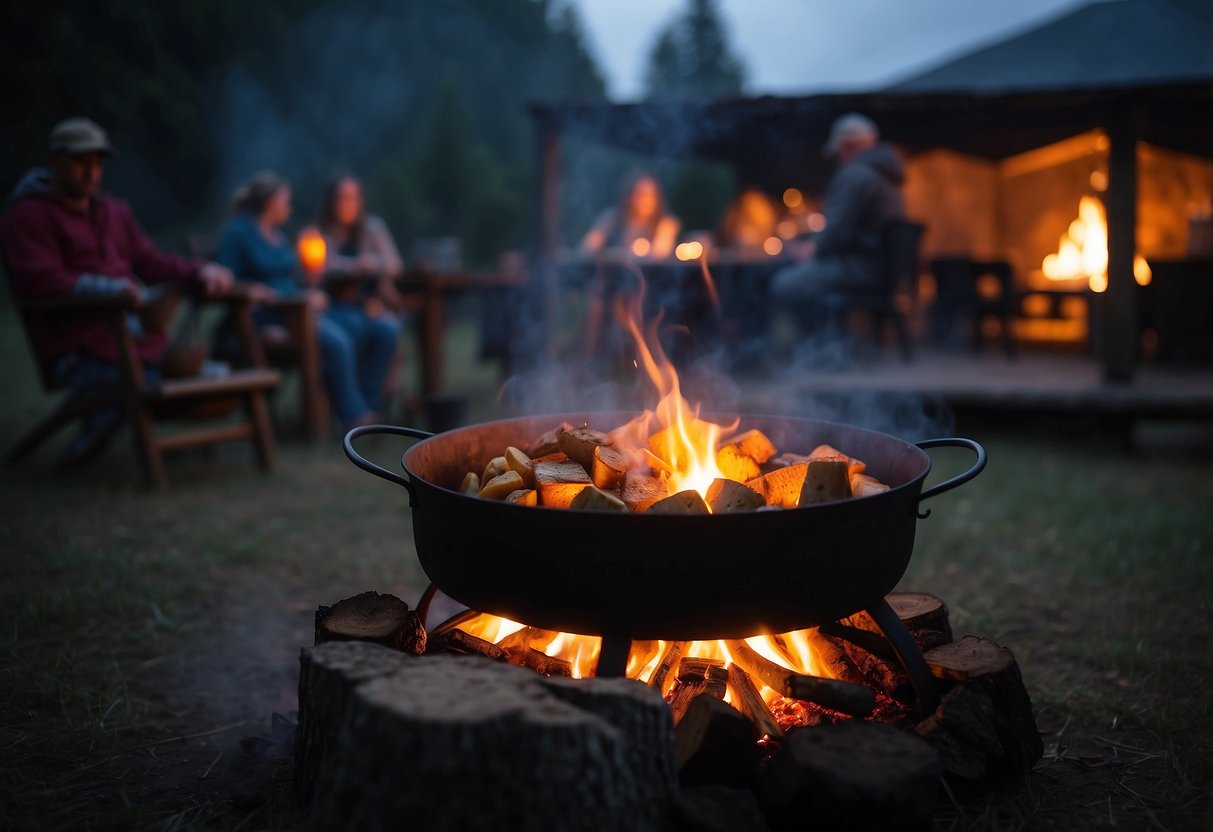 An open fire crackles as a pot of stew simmers. Smoke curls upward, blending with the starry night sky. Surrounding the fire, camping gear and a rustic picnic table create a cozy outdoor kitchen