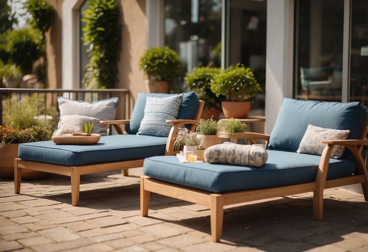 A sunny outdoor patio with a variety of stylish and comfortable patio furniture displayed in a spacious showroom. A sign reads "Where to Buy Patio Furniture Near Me."