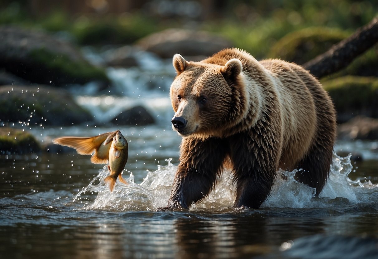 A bear catching a fish in a rushing stream, while a deer grazes in the background. Birds are perched on nearby branches, and a squirrel scampers up a tree