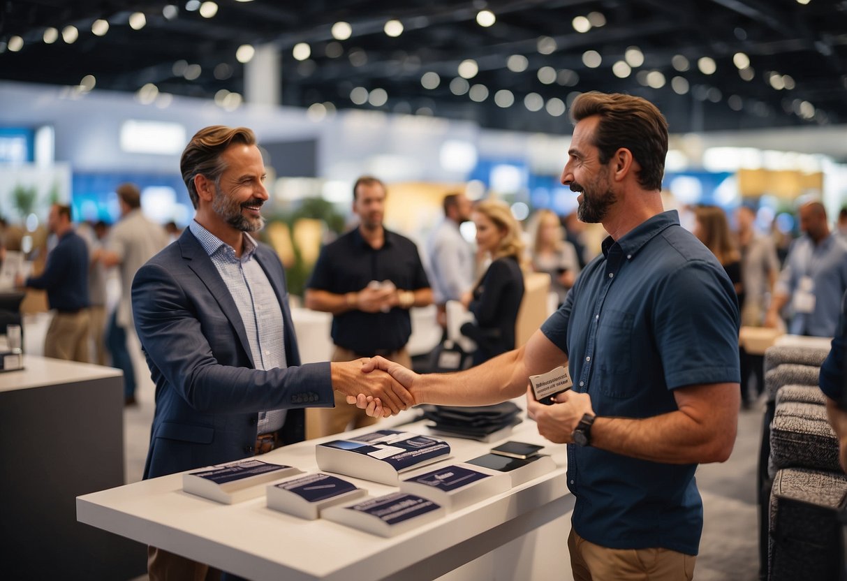 A group of professionals discussing outdoor furniture designs and products at a trade show. They are exchanging business cards and shaking hands