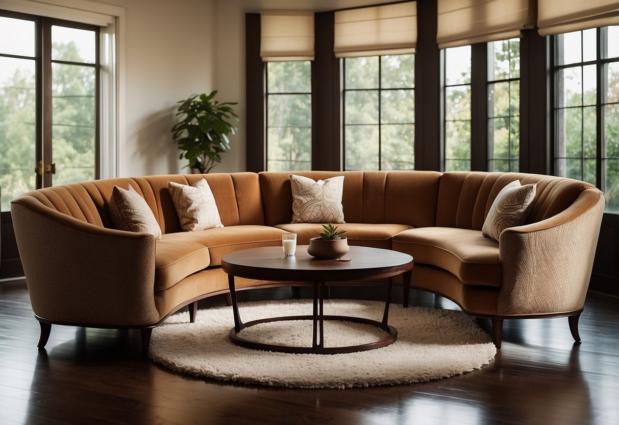 A contemporary living room with 1930s furniture: a curved sofa, geometric patterns, and rich wood tones