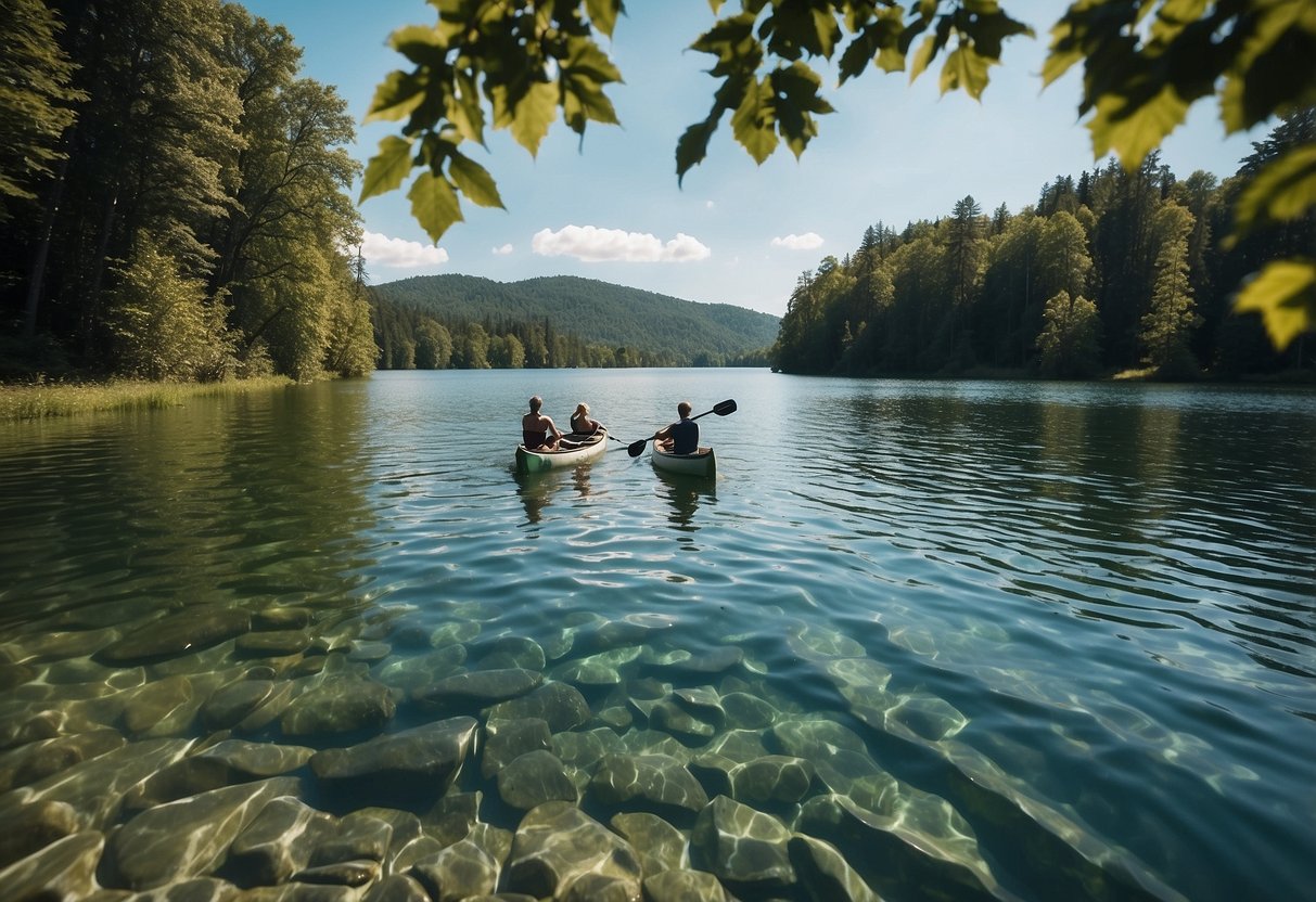 People swimming in a clear, natural body of water surrounded by lush green trees and a blue sky. Canoeing, fishing, and sunbathing are also happening nearby