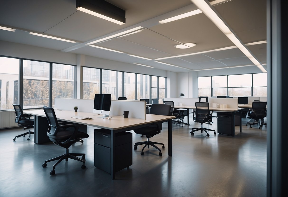 An open-plan office with desks arranged in a grid, surrounded by ergonomic chairs and storage units. A central meeting table with chairs for collaboration
