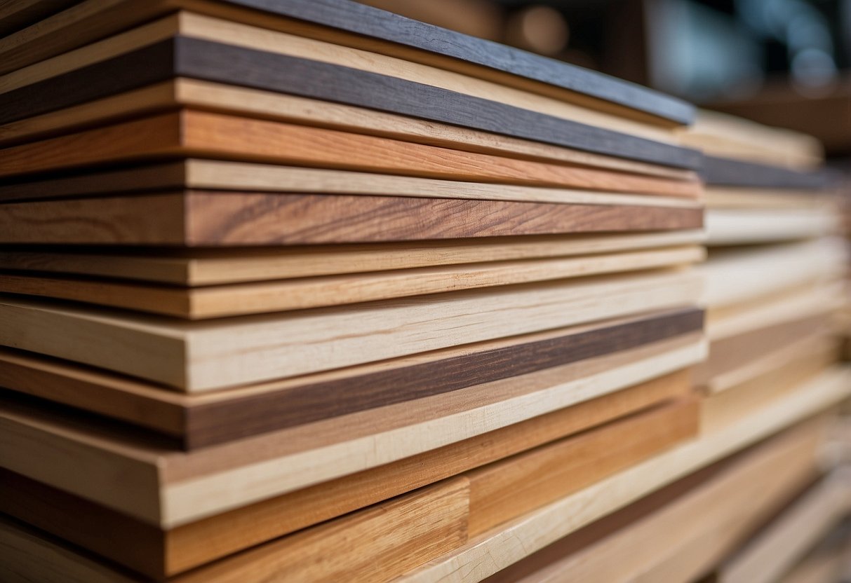 A stack of various wood samples labeled with different types for furniture making