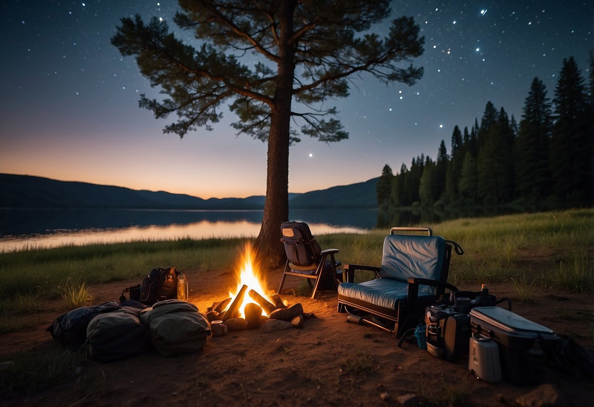 A campfire surrounded by camping gear, a tent, and a cooler. Hiking boots and a fishing rod lean against a tree. The sky is filled with stars