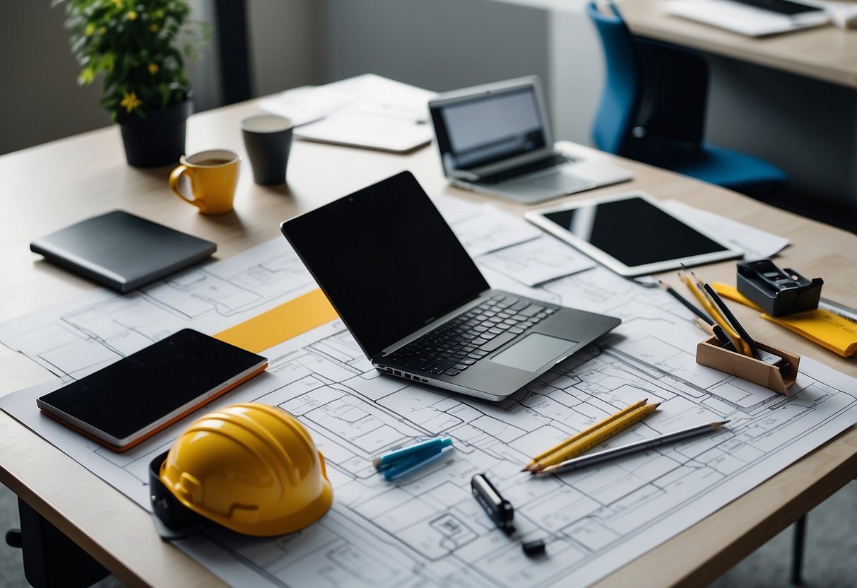 An office furniture layout tool sits on a desk, surrounded by measuring tape, pencils, and a laptop. Blueprints and design sketches cover the workspace