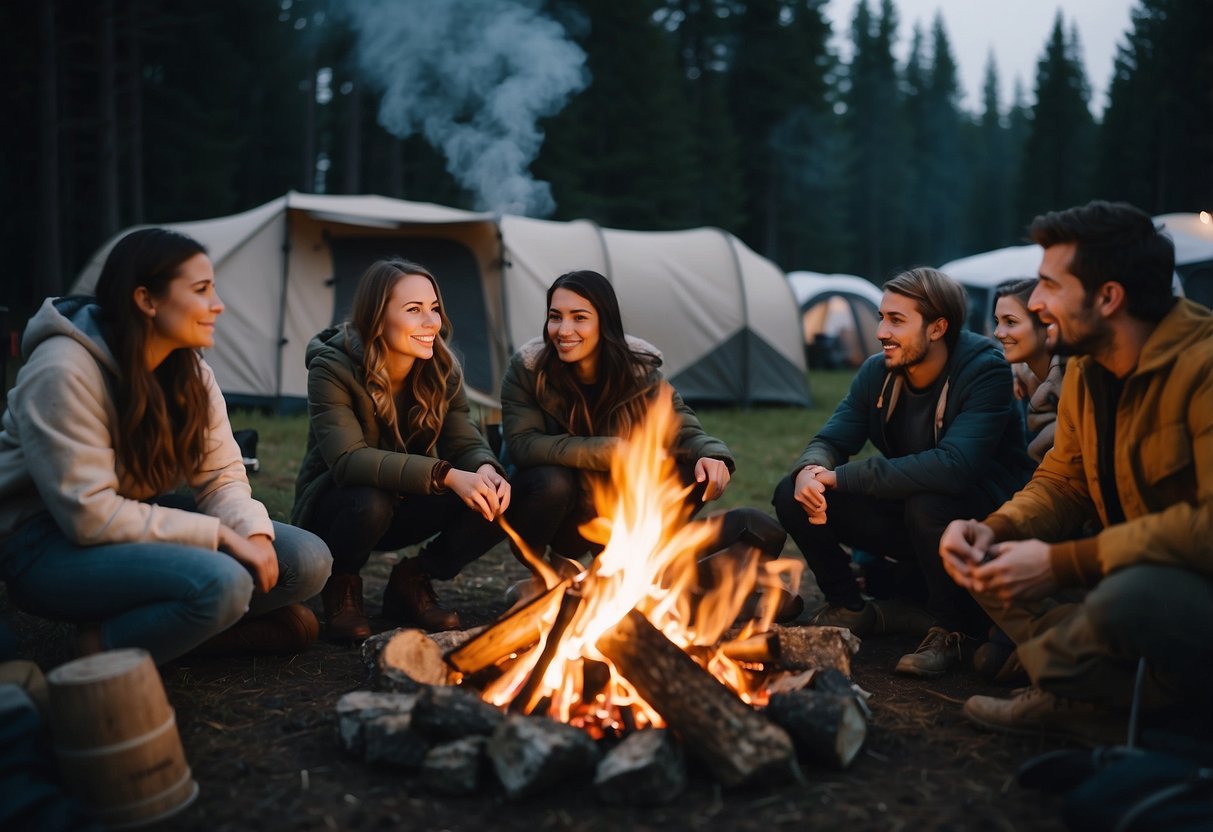 A campfire surrounded by tents and camping gear, with a group of friends roasting marshmallows and telling stories