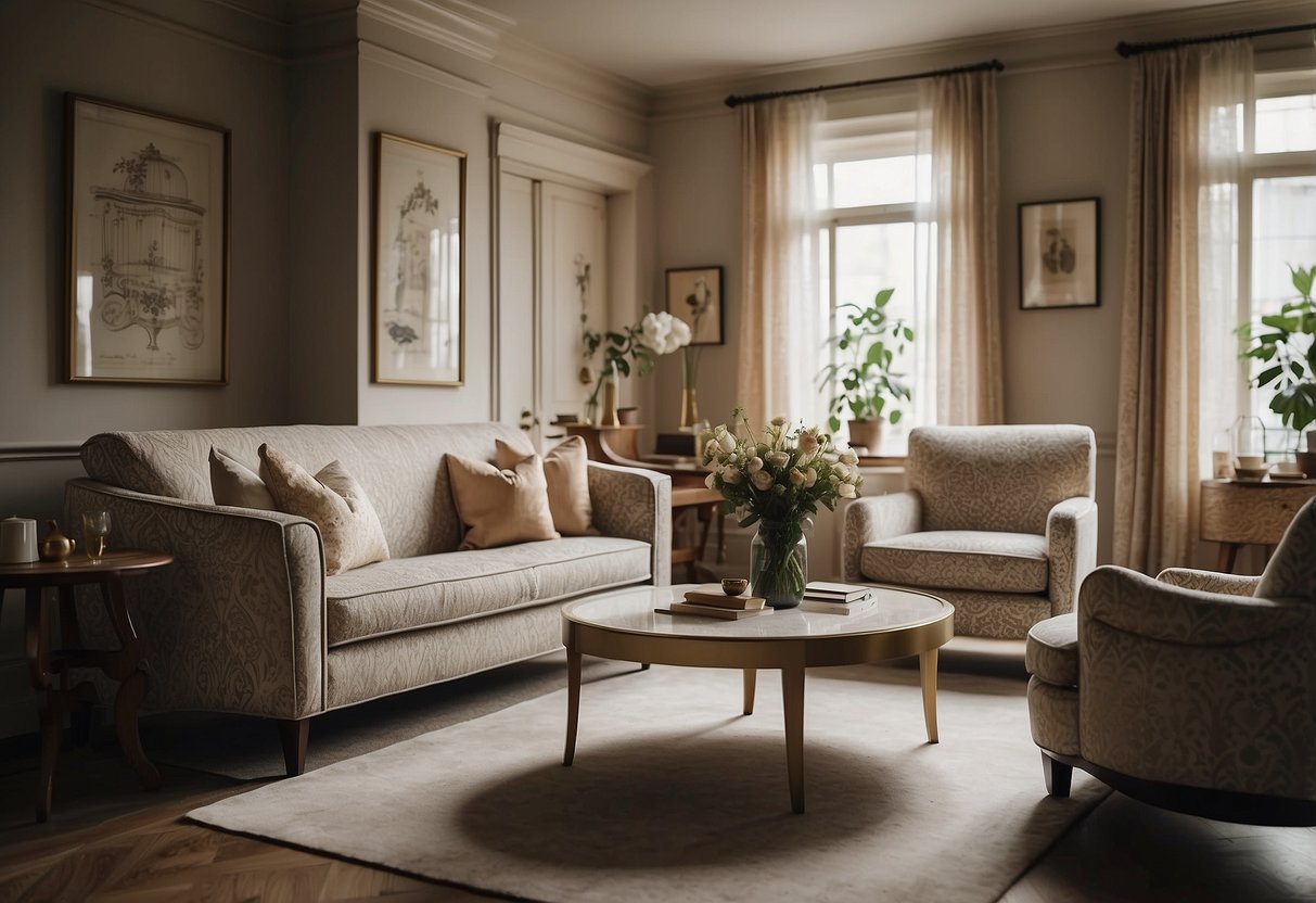A cozy living room with a 1930s style sofa, armchair, and coffee table. Soft, muted colors and art deco patterns adorn the furniture