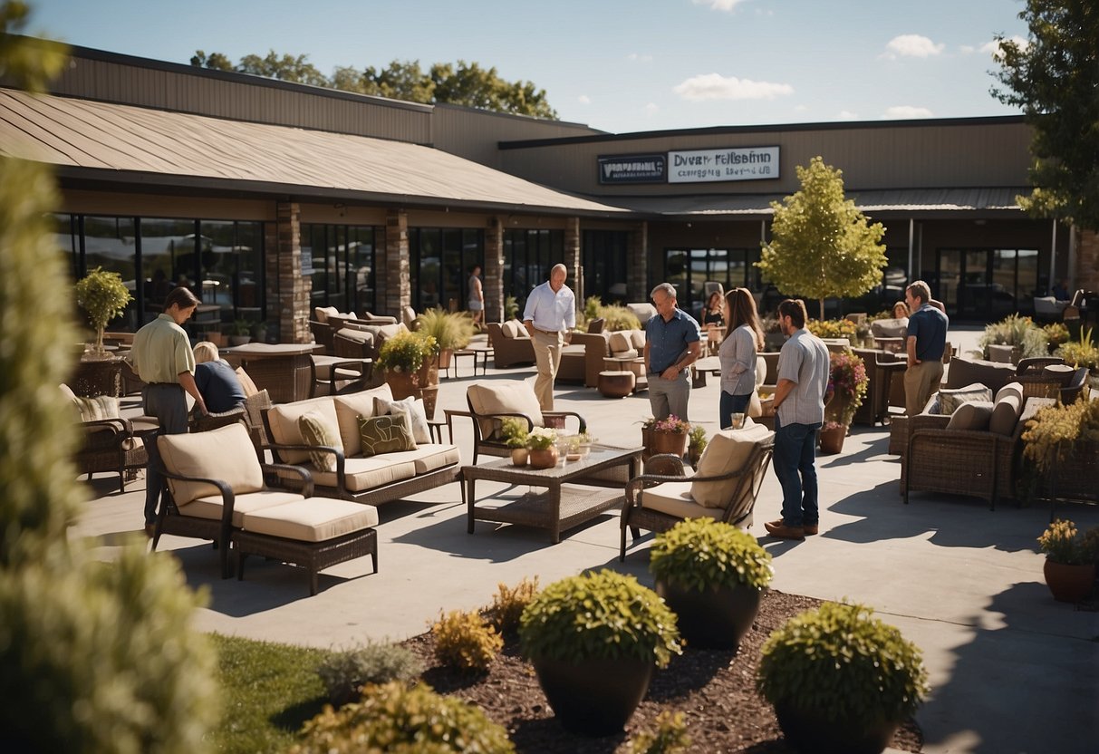 A bustling outdoor furniture warehouse with customers browsing and staff assisting. A sign prominently displays "Frequently Asked Questions" for wholesale buyers