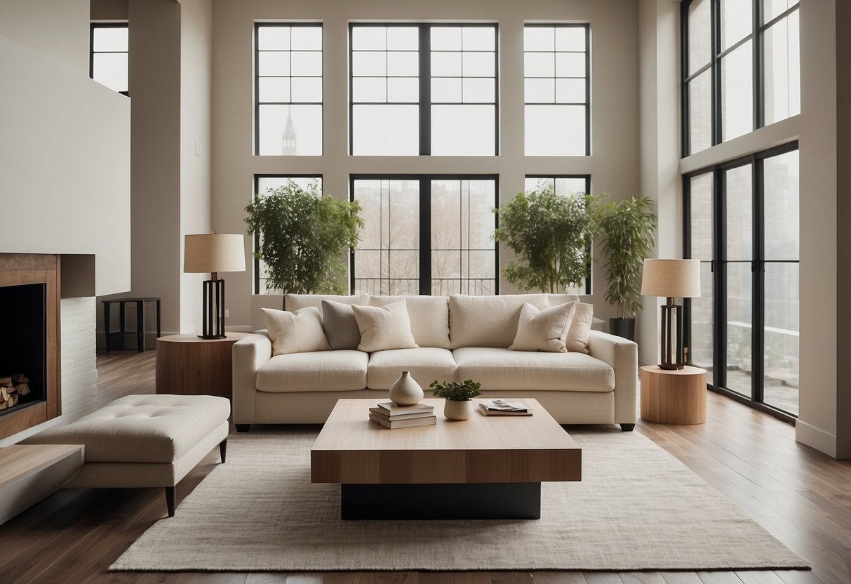 The off-white living room furniture is arranged to maximize space, with a sleek sofa and coffee table, and minimal decor