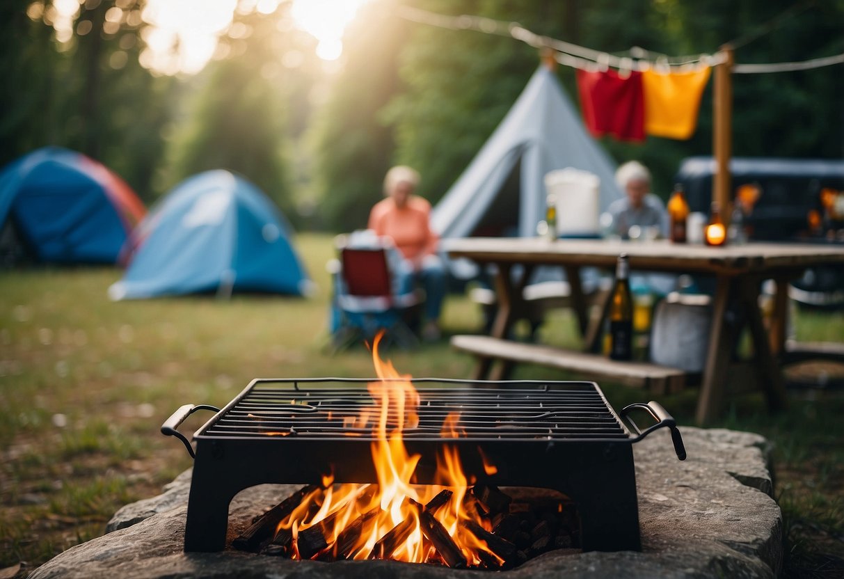 A campsite with a firepit, surrounded by tents and outdoor chairs. A portable grill sits on a picnic table, ready for cooking