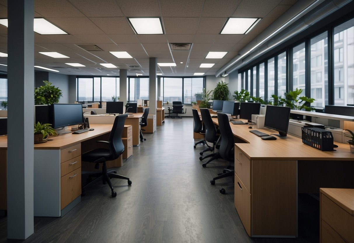 The office layout tool arranges furniture efficiently, maximizing space and functionality. Desks, chairs, and storage units are strategically positioned for optimal workflow