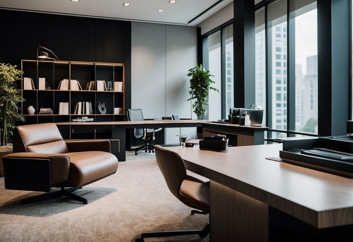 A modern office space with sleek furniture and clean lines, featuring stylish and functional pieces from M Boss Furniture Singapore