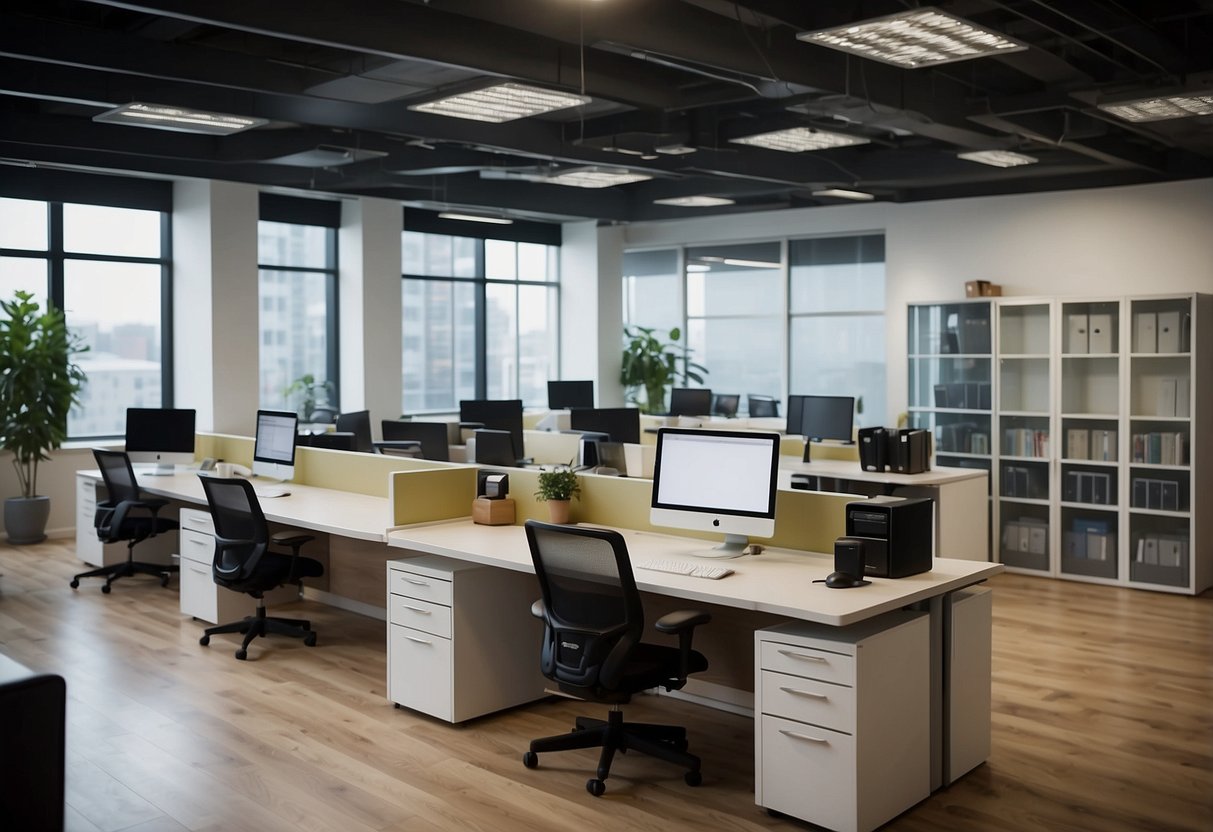 A spacious office with various furniture options arranged in a grid layout. Desks, chairs, and cabinets are strategically placed for easy visualization and selection