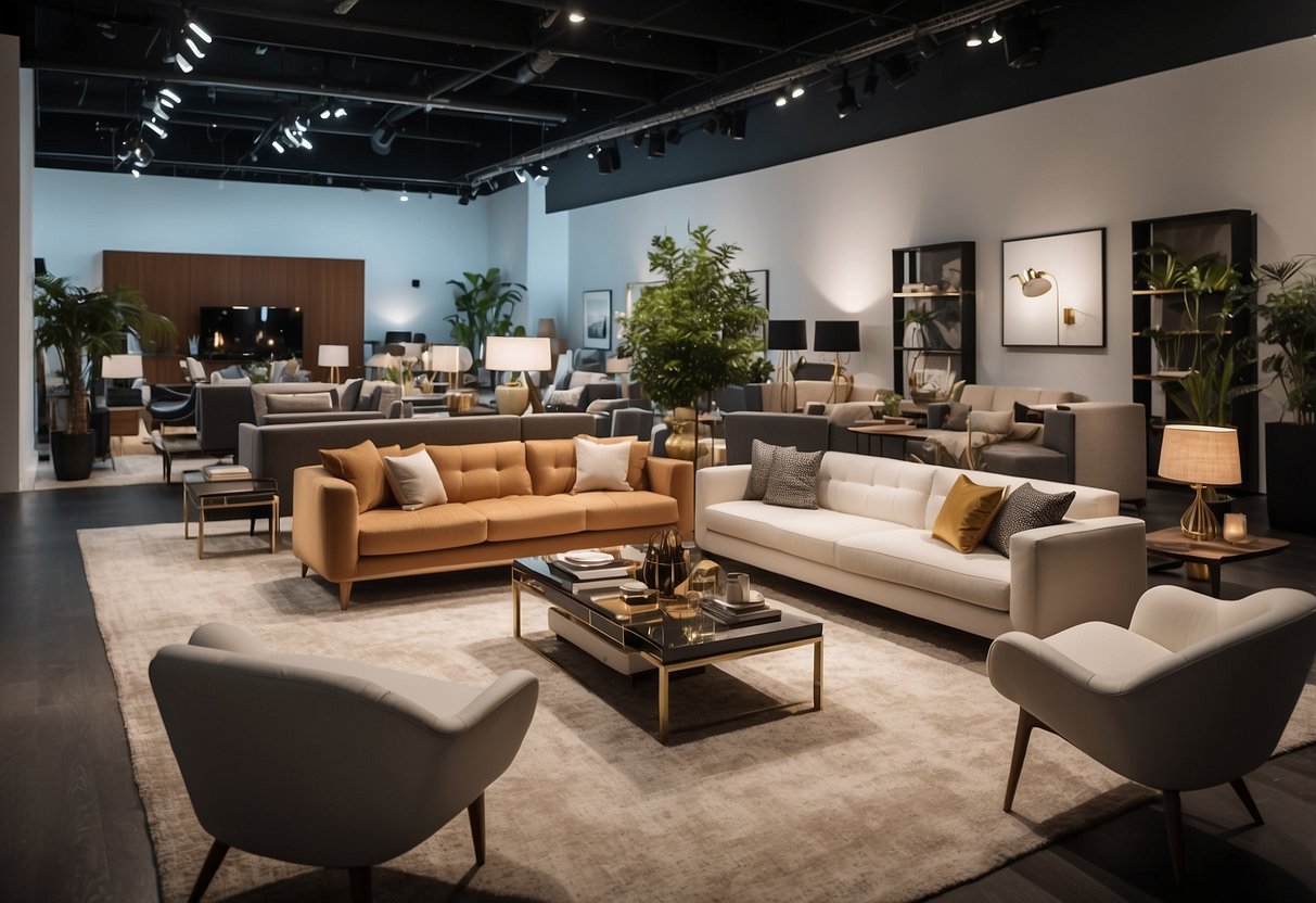 A showroom filled with modern furniture displays, clean lines, and sleek designs. Various collections arranged in stylish vignettes, creating an inviting and sophisticated atmosphere