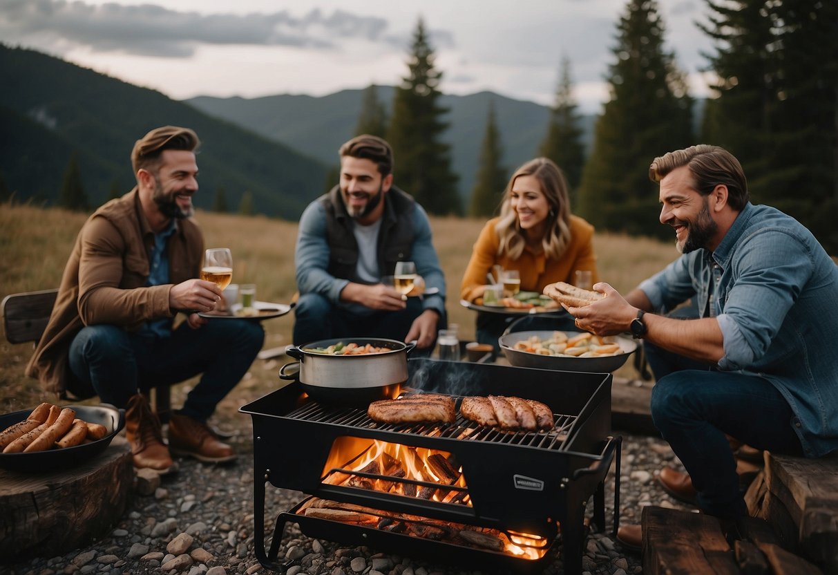 A campsite with a roaring fire, surrounded by a group of friends enjoying a meal cooked on a Traeger Ranger 7 portable grill