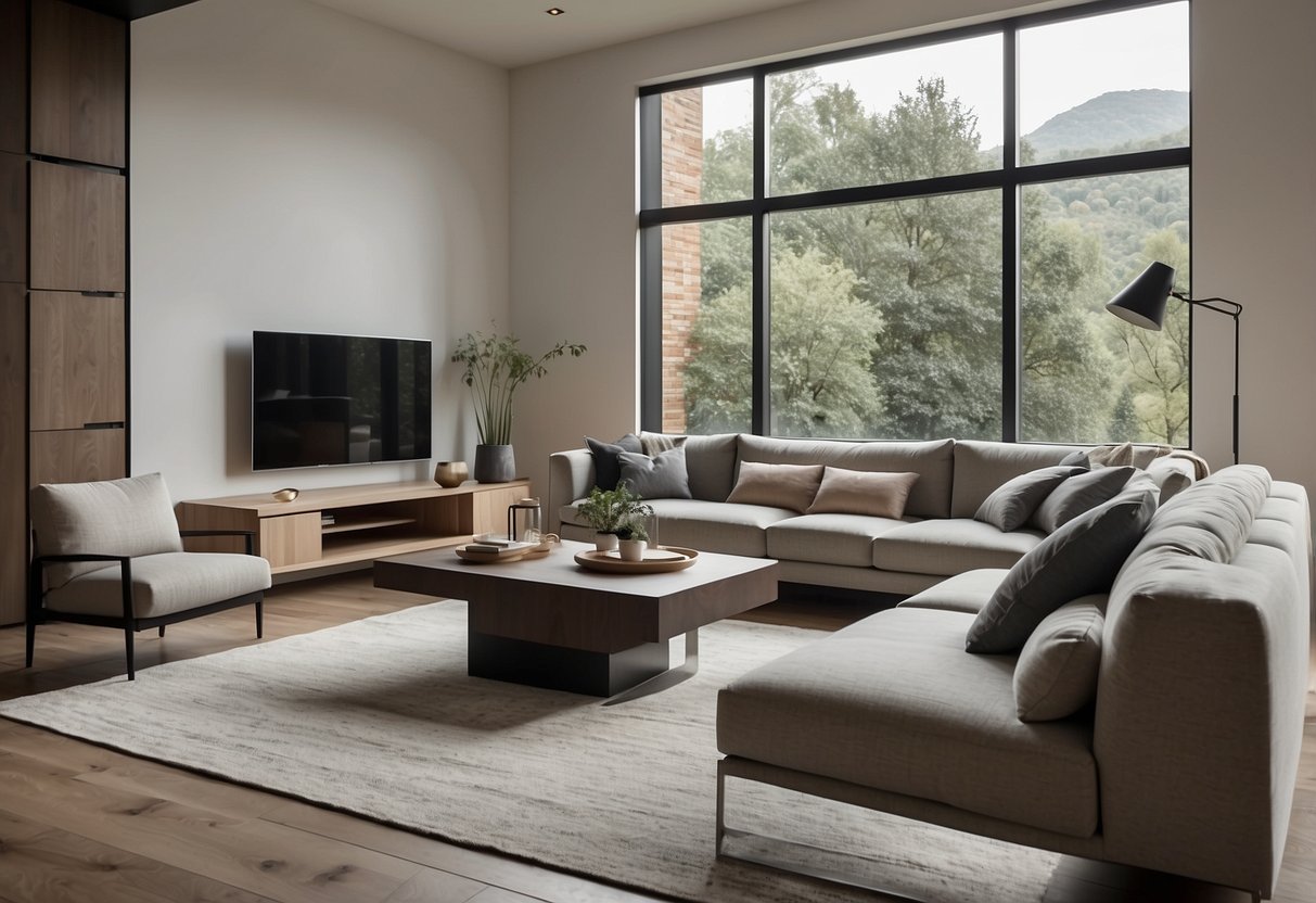 A modern living room with sleek furniture, clean lines, and neutral colors. A large sofa, coffee table, and minimalist decor create a contemporary atmosphere