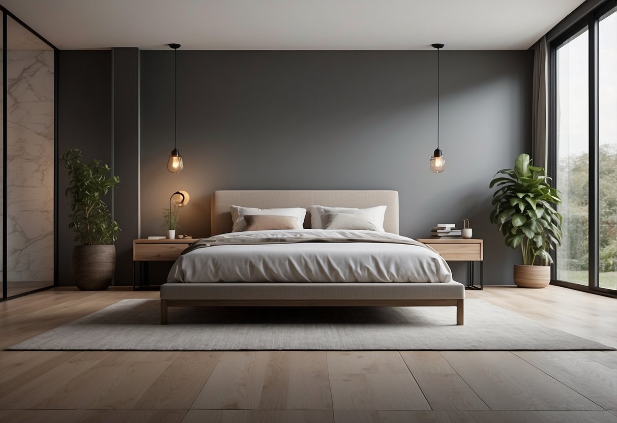 A modern bed frame in a minimalist bedroom with sleek furniture, clean lines, and a neutral color palette