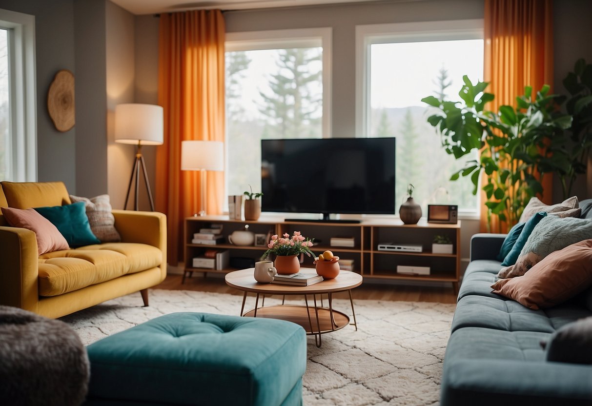 A cozy living room with a modern sofa, coffee table, and TV stand. Bright lighting and colorful decor add warmth to the space