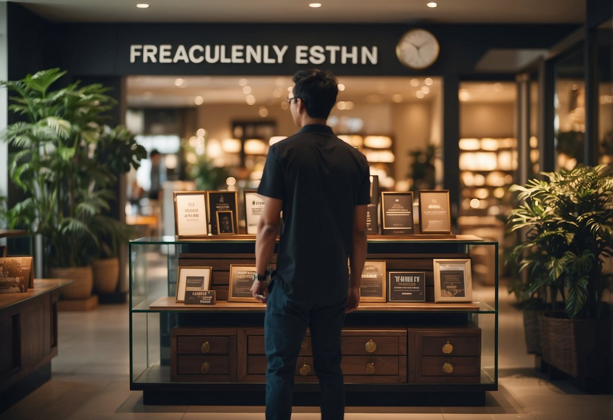 A customer browsing through a display of furniture with a sign that reads "Frequently Asked Questions" at a store in Singapore