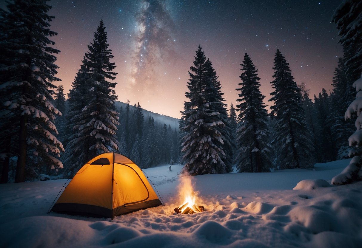 A snowy forest with a tent pitched on a clearing, smoke rising from a campfire. Snow-covered evergreen trees surround the campsite, with a clear, starry sky above