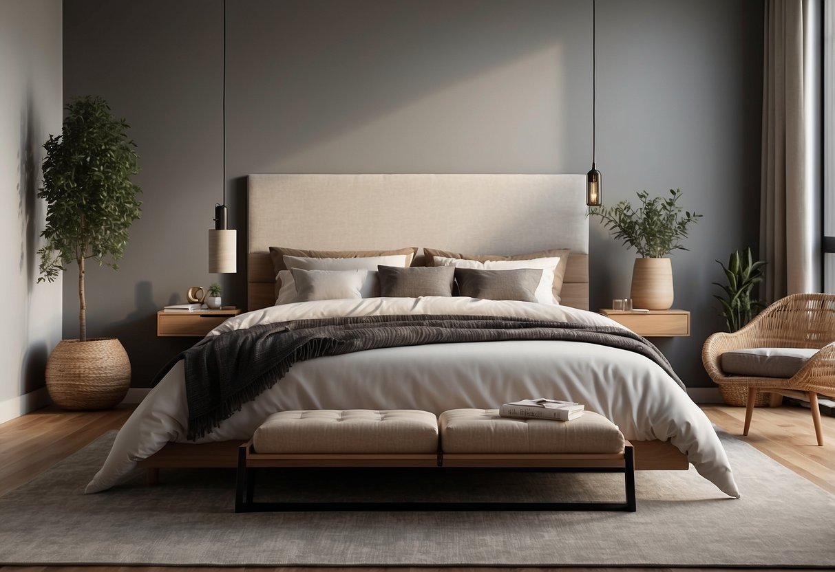 A bedroom with a sleek, modern bed frame in a spacious, well-lit room with minimalistic decor and a cozy atmosphere