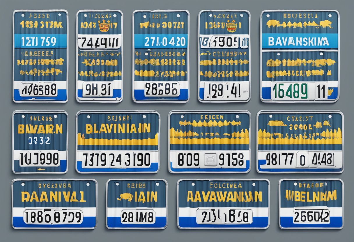 A row of Bavarian license plates arranged in a systematic order, showcasing the significance and structure of vehicle registration in the region