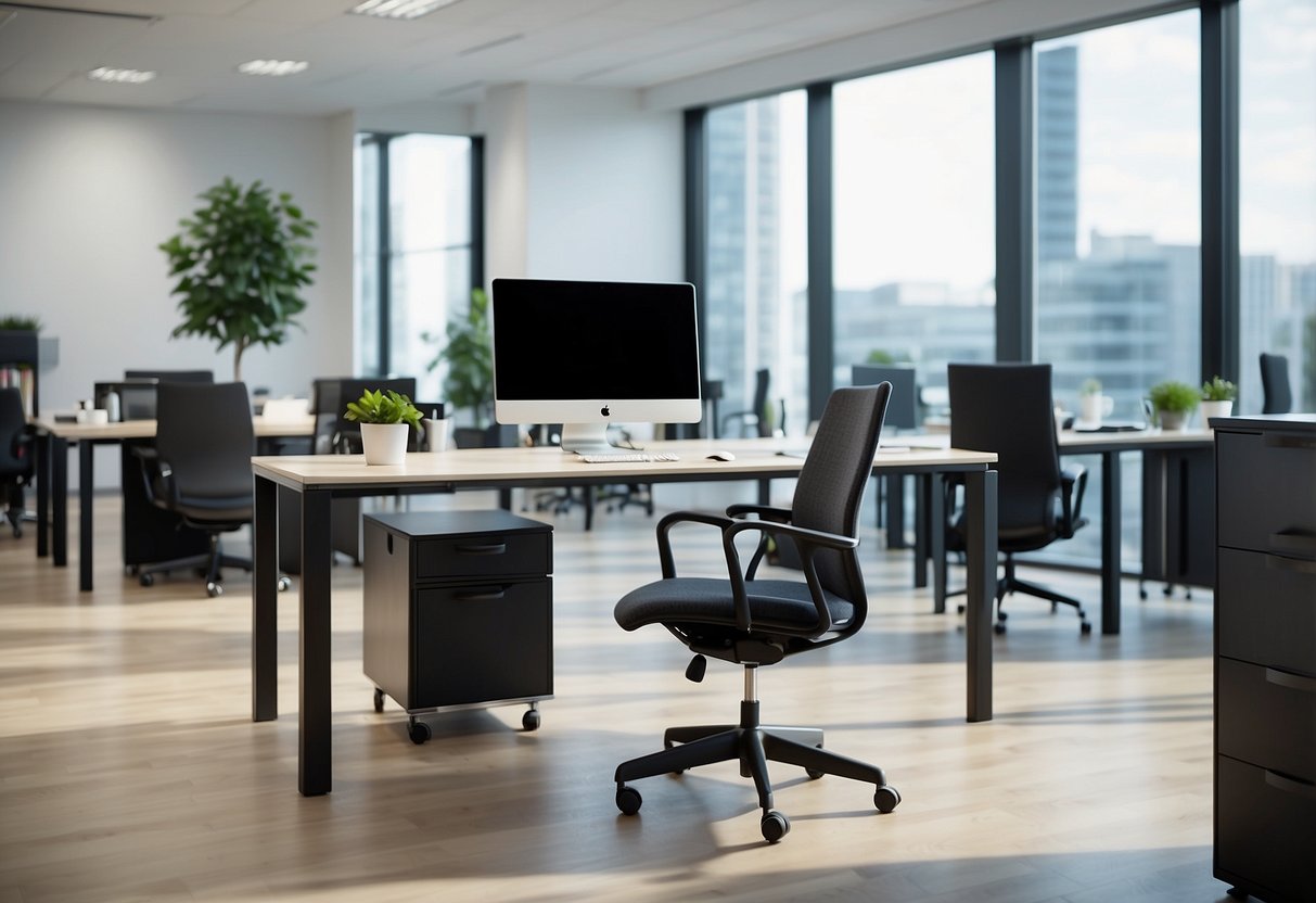 A spacious office with modern furniture arranged in a clean and organized manner, with desks, chairs, filing cabinets, and meeting tables