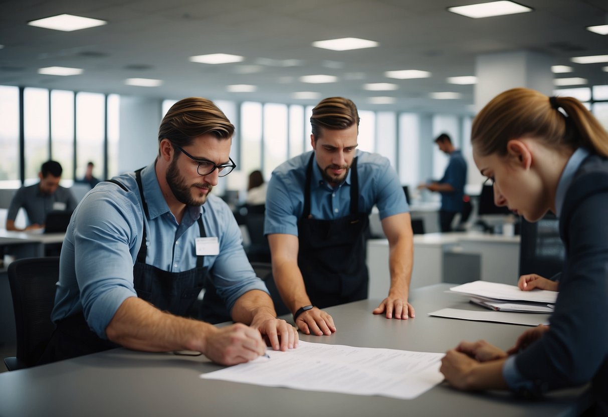 A group of workers review and sign paperwork, while others measure and inspect office furniture in a modern, well-lit office space