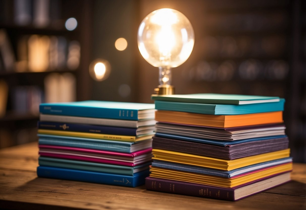 A stack of colorful furniture catalogues arranged neatly on a wooden table, with a bright spotlight shining down on them