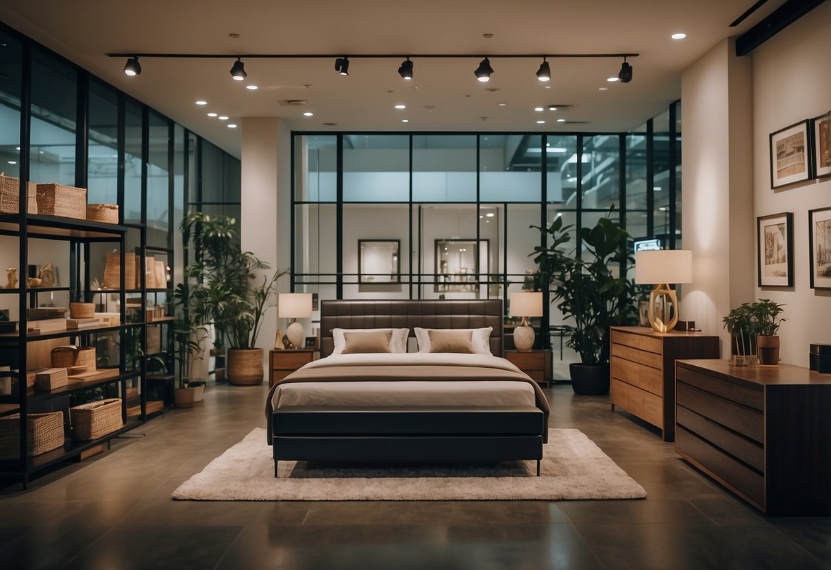 A couple browses bed frames in a modern furniture store in Singapore