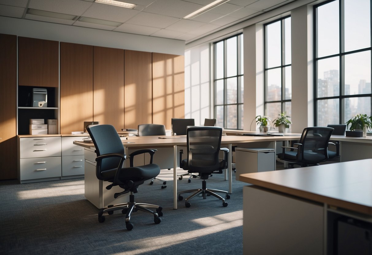 A modern office with desks, chairs, and filing cabinets. A bulletin board displays FAQ information. Bright, natural light streams in through large windows