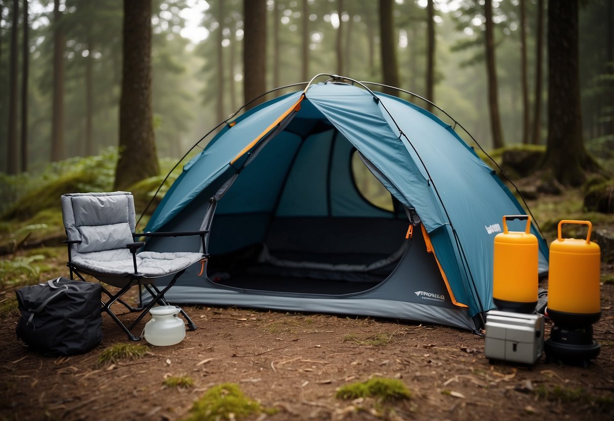 A campsite with a tent, solar-powered lantern, portable water filter, multi-tool, compact stove, sleeping bag, inflatable mattress, foldable chairs, fire starter, and a GPS device