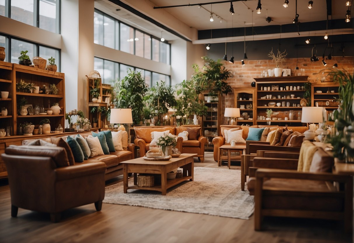 A bustling furniture shop with vibrant displays and cozy seating areas. Shelves are lined with decorative items and the air is filled with the scent of polished wood