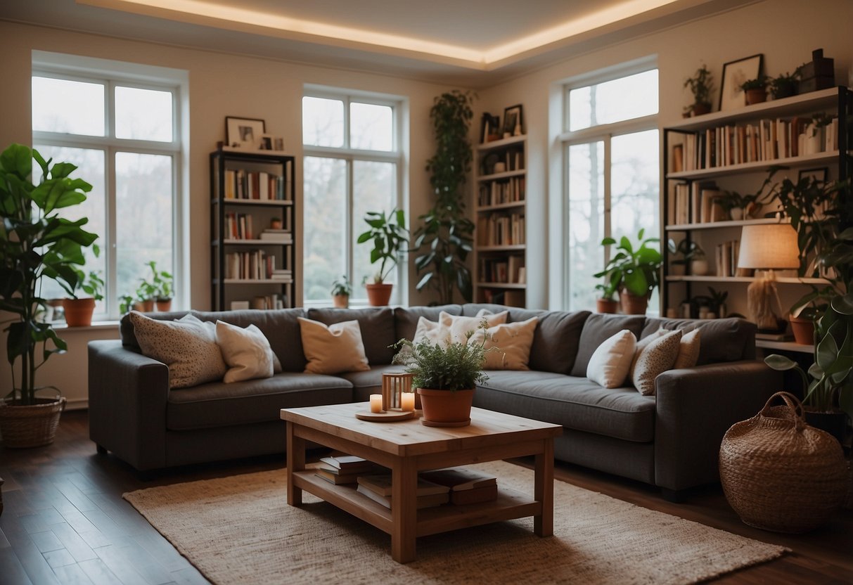 A cozy living room with a plush sofa, coffee table, and soft rug. Shelves filled with books and decorative items. Warm lighting and potted plants add a homey touch
