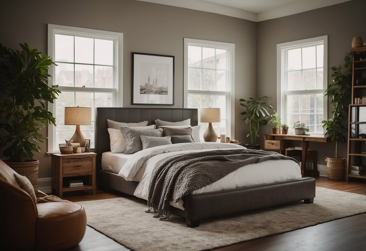 A modern bed frame surrounded by various furniture pieces in a cozy bedroom setting