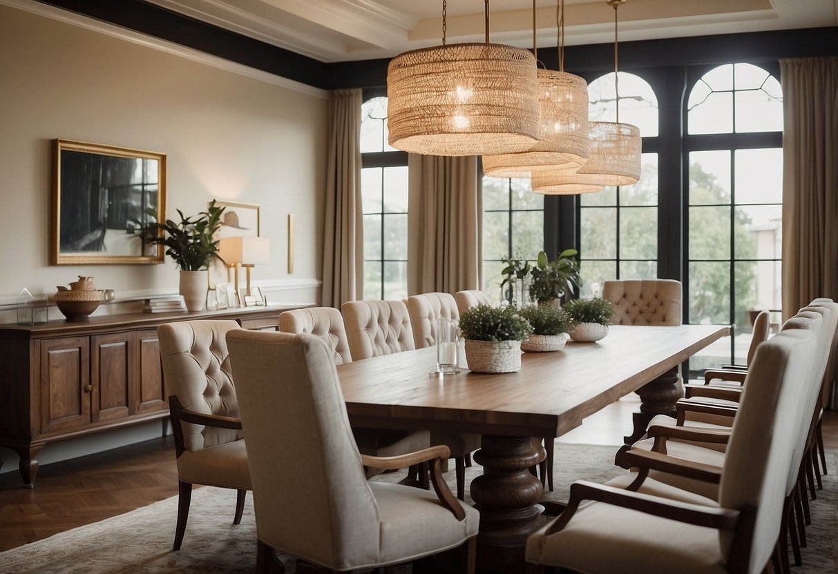 A spacious dining room with a large wooden table surrounded by elegant chairs. The room is filled with natural light, and the walls are adorned with beautiful artwork