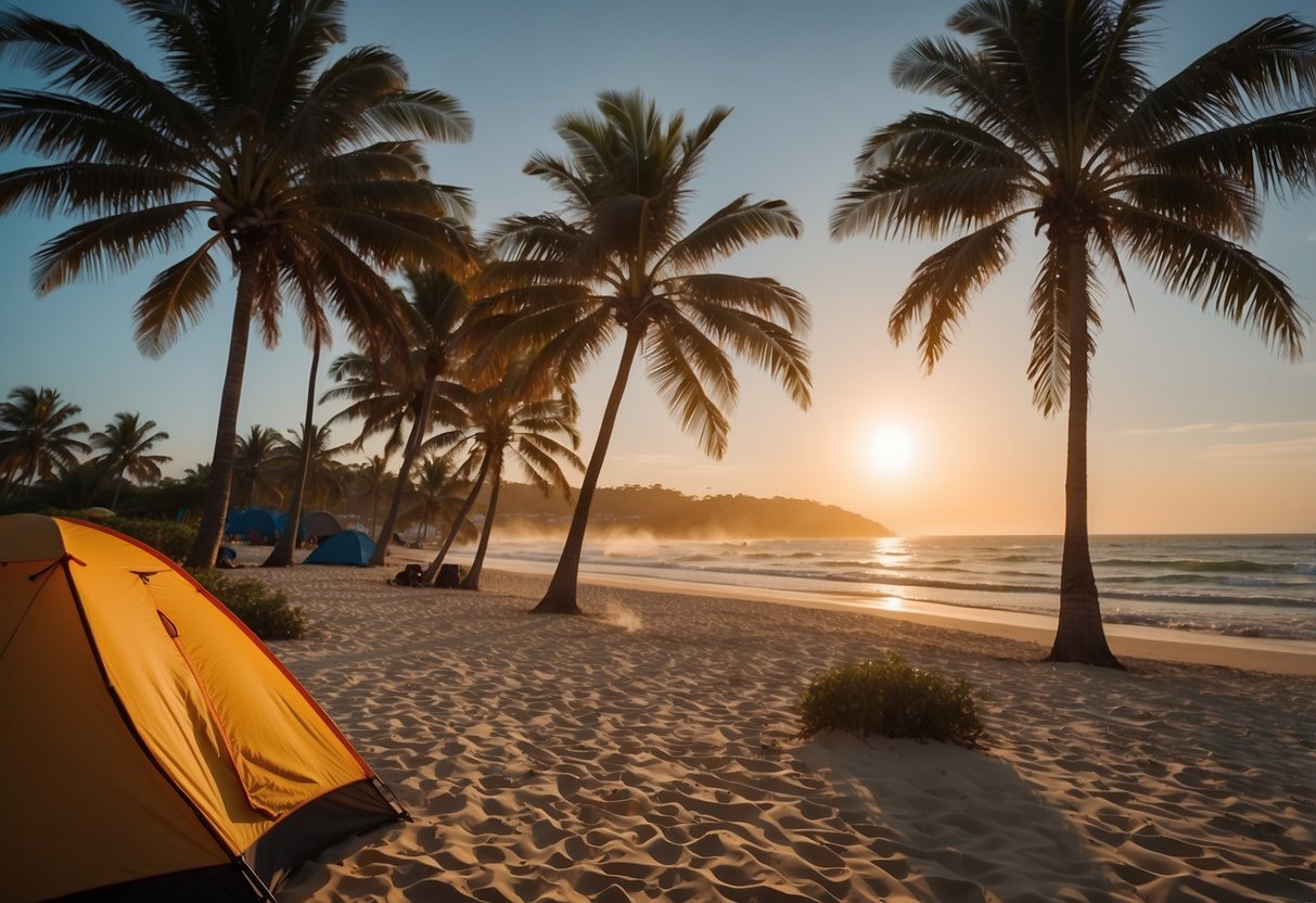 Sunset beach scene with tents and campfires, waves crashing on shore, palm trees swaying in the breeze