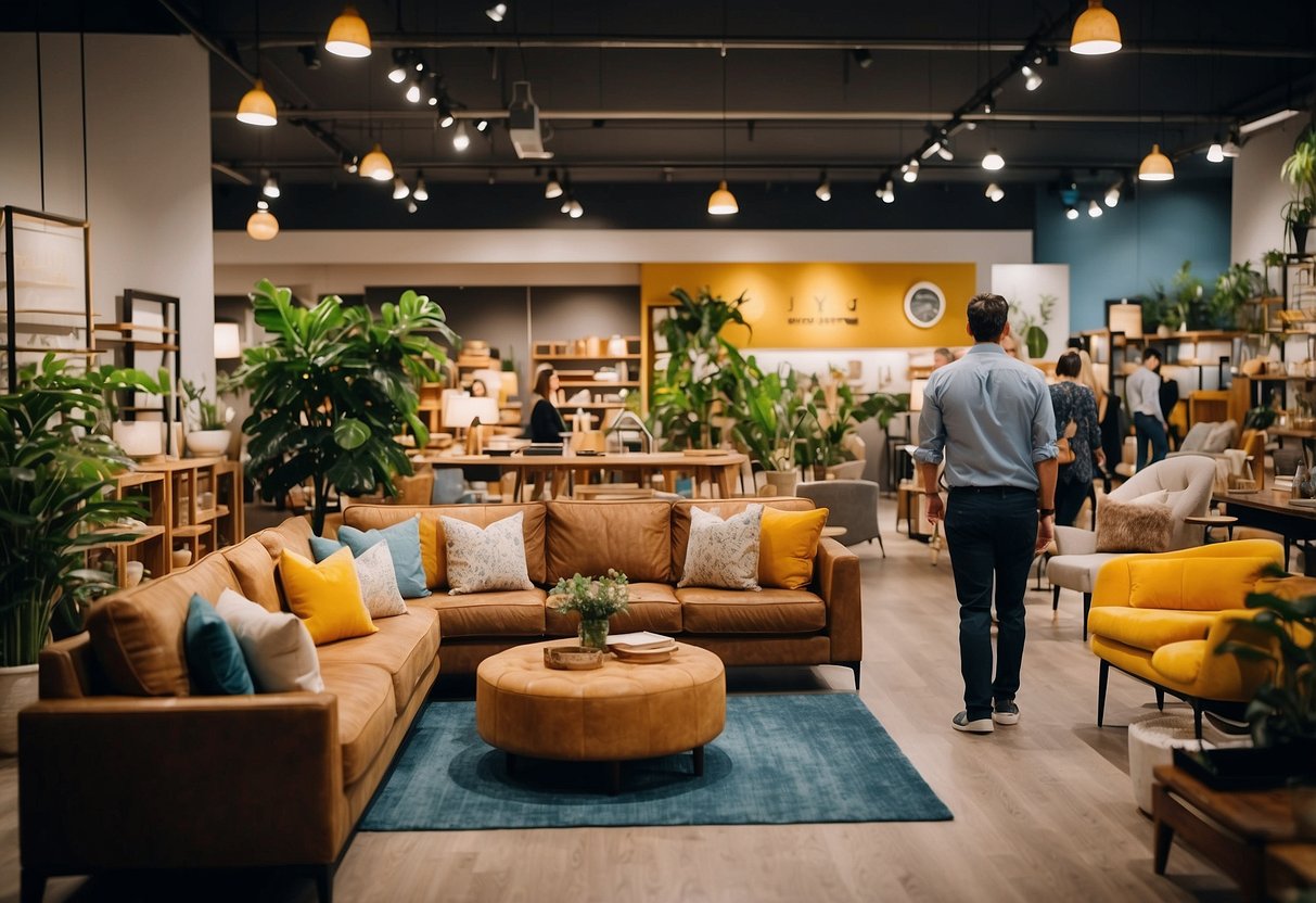 The bustling living furniture shop features customers browsing, staff assisting, and vibrant displays showcasing various products